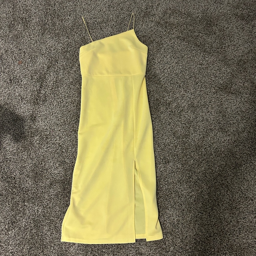 Asymmetrical Spaghetti Strap Light Yellow Midi Dress with Slit